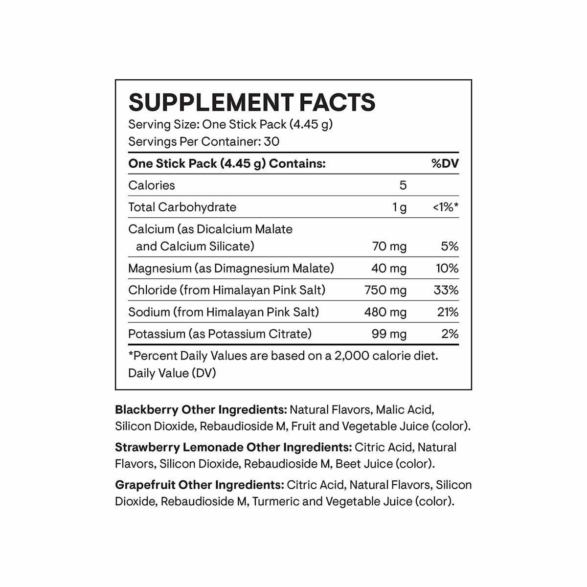 Supplement Facts label for Daily Electrolytes stick pack showing nutrition information including electrolytes and ingredients