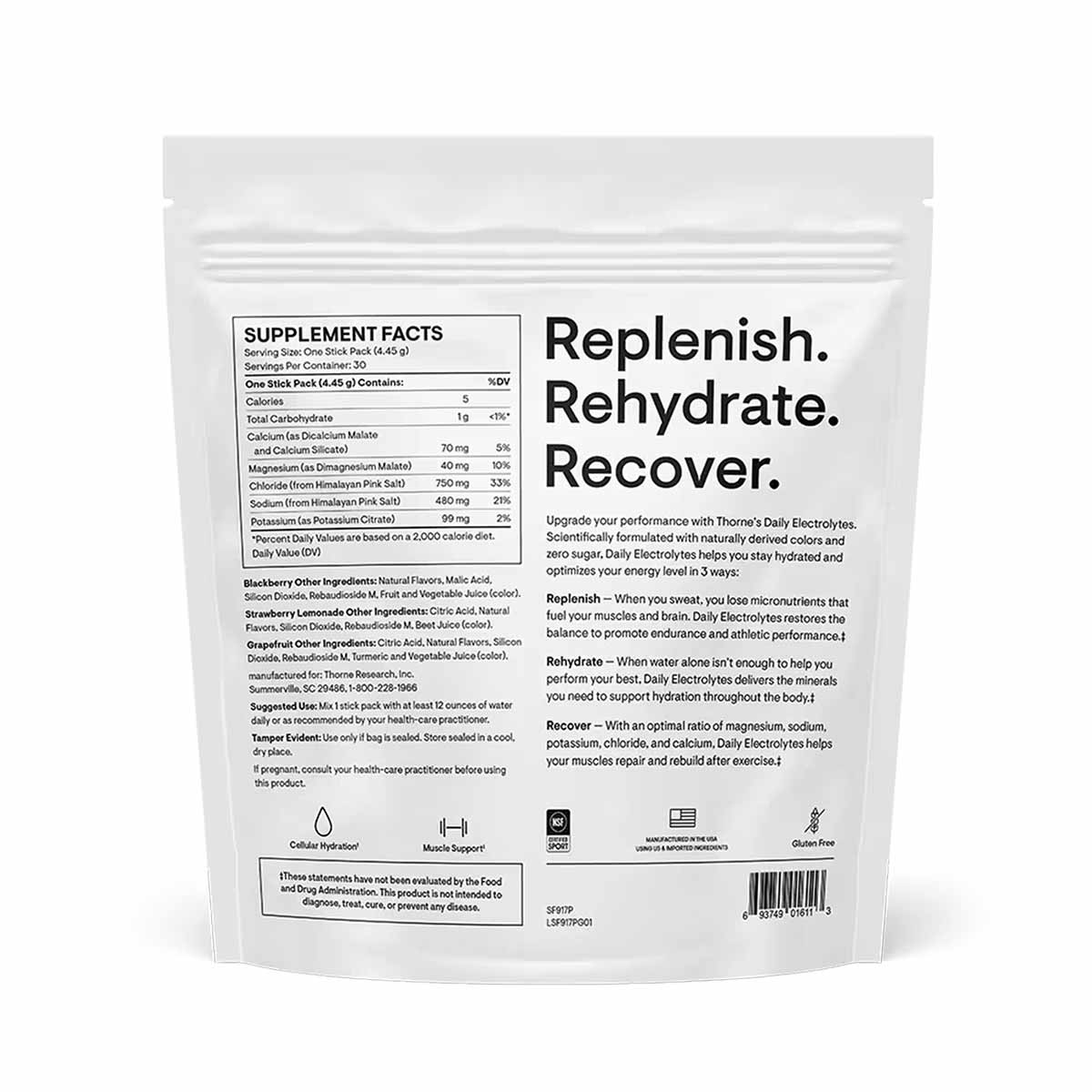White pouch of Daily Electrolytes powder by Thorne Research with supplement facts label and product information on front.