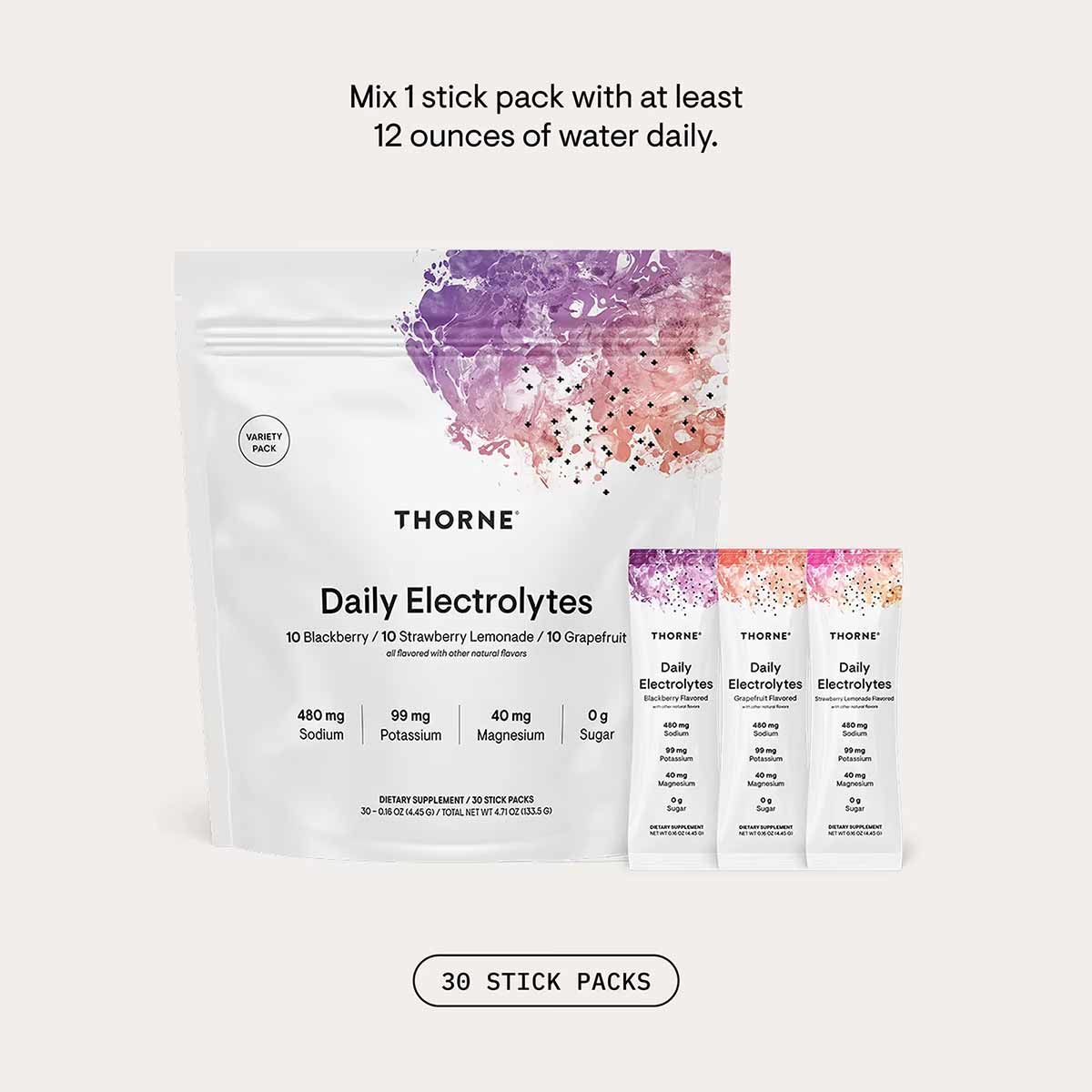Thorne Daily Electrolytes variety pack containing 30 stick packs in blackberry, strawberry lemonade, and grapefruit flavors.