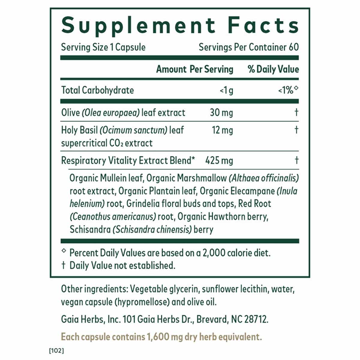 Supplement Facts label for Daily Lung Formula showing serving size, ingredients including olive leaf extract and herbal blend
