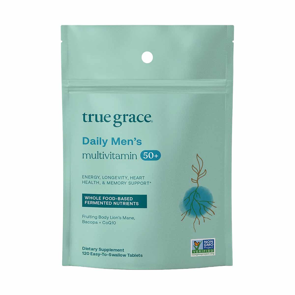 Mint-green pouch of True Grace Daily Men's 50+ multivitamin with 120 tablets, featuring product text and a botanical root ill