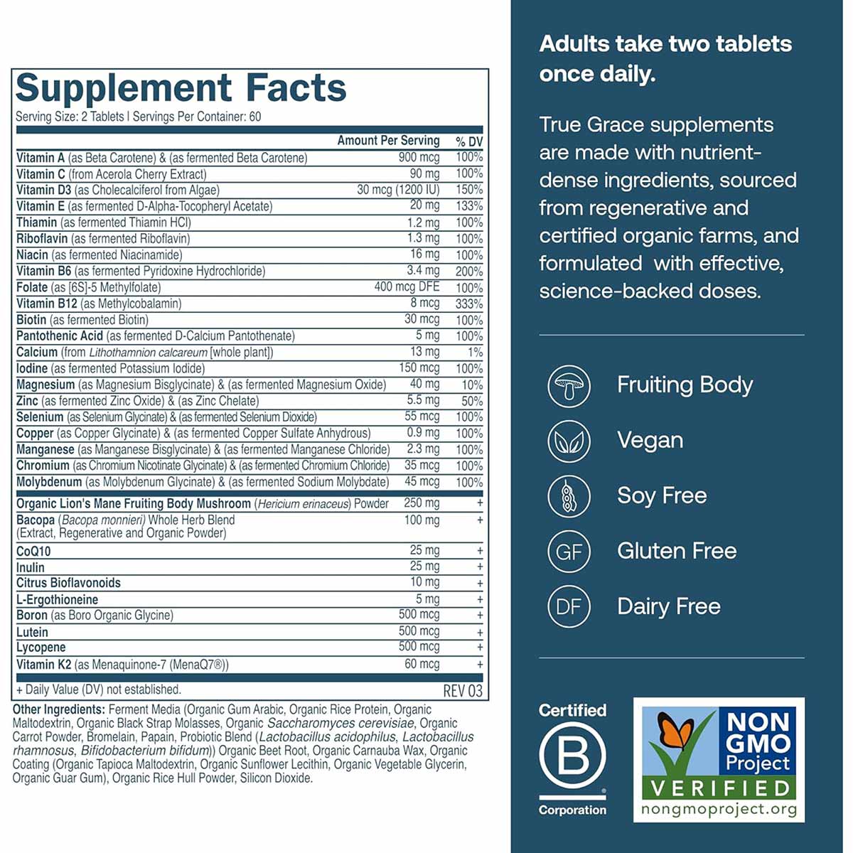 Supplement Facts label for Daily Men's 50+ Multi showing vitamin and mineral ingredients with servings information and produc