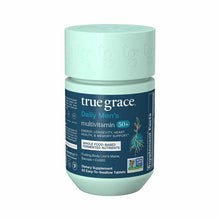 True Grace Daily Men's 50+ multivitamin bottle with light green cap and dark label containing 60 tablets.