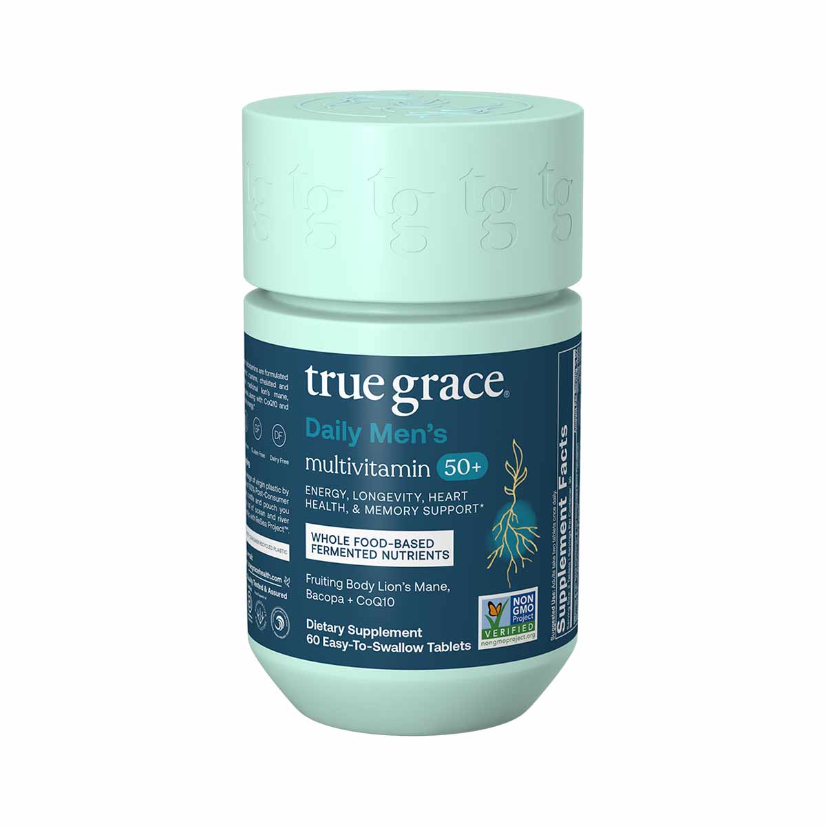 True Grace Daily Men's 50+ multivitamin bottle with light green cap and dark label containing 60 tablets.