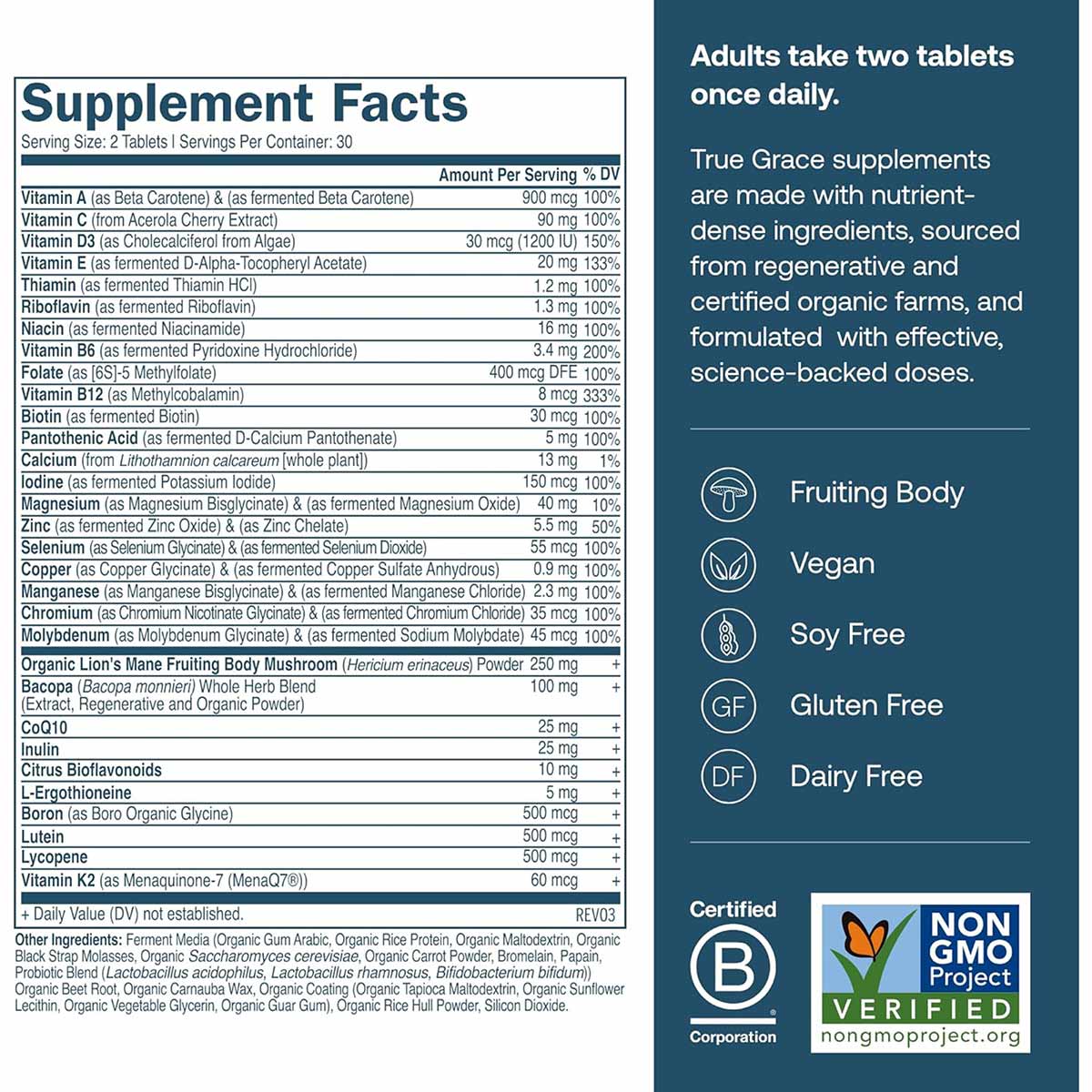 Supplement Facts label for Daily Men's 50+ Multi showing vitamins, minerals, and botanical ingredients with dosage informatio