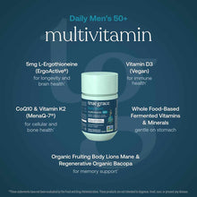 Bottle of True Grace Daily Men's 50+ multivitamin with light green cap on dark teal background surrounded by ingredient callo