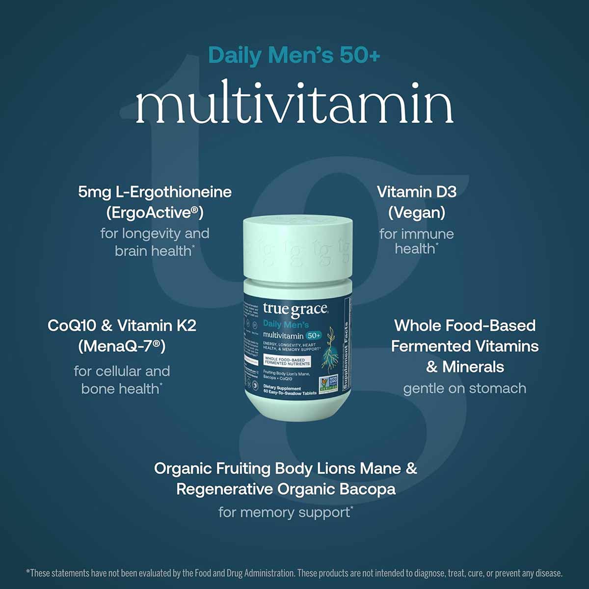 Bottle of True Grace Daily Men's 50+ multivitamin with light green cap on dark teal background surrounded by ingredient callo