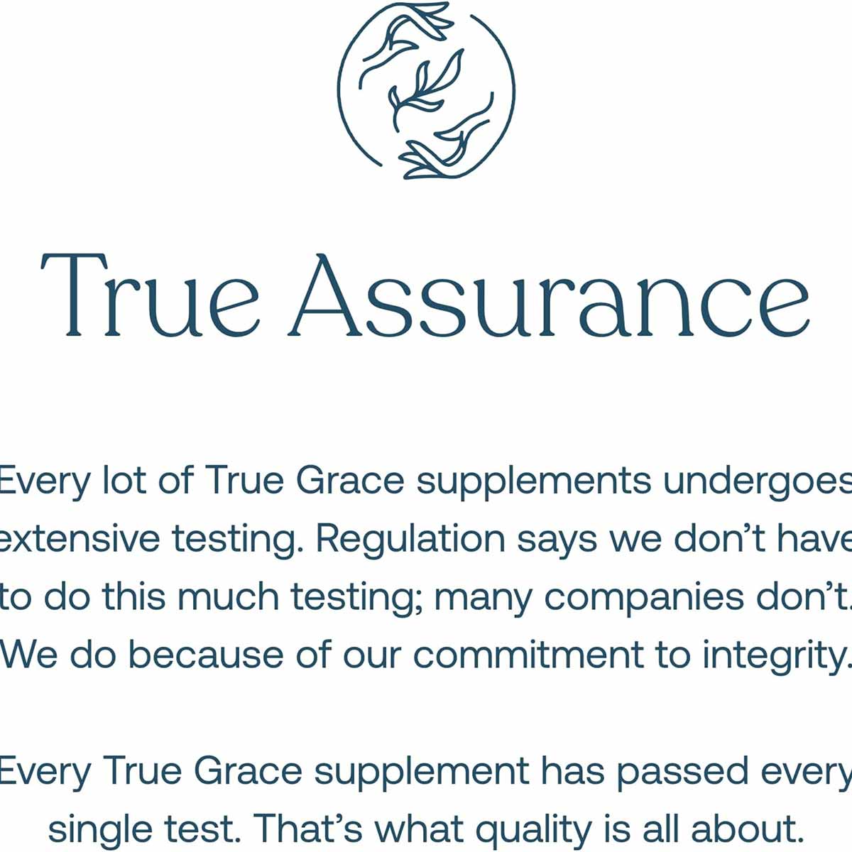 True Assurance logo with leaf design and text about supplement testing standards.