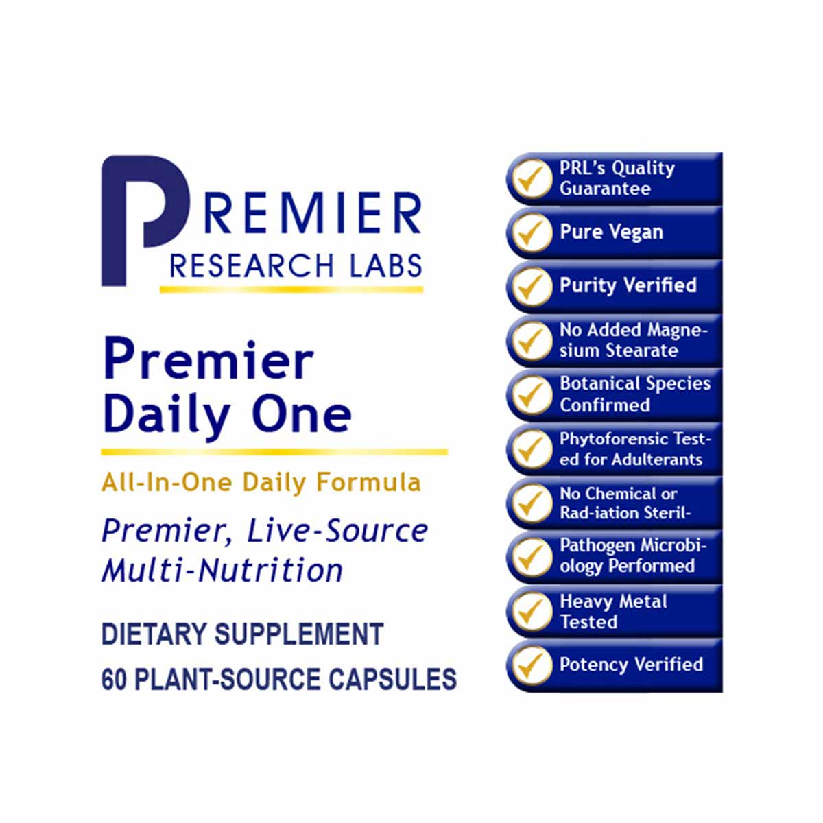 Premier Research Labs Daily One dietary supplement bottle label showing 60 plant-source capsules with quality guarantee badge