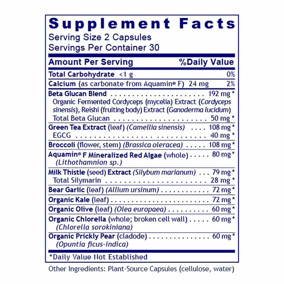 Supplement Facts label for Daily One capsules listing serving size of 2 capsules, 30 servings per container, with ingredients