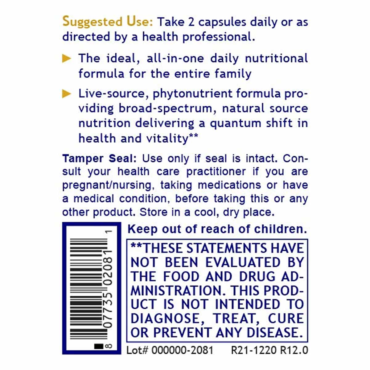 Supplement bottle label showing usage instructions, ingredients information, tamper seal warning, and FDA disclaimer text.