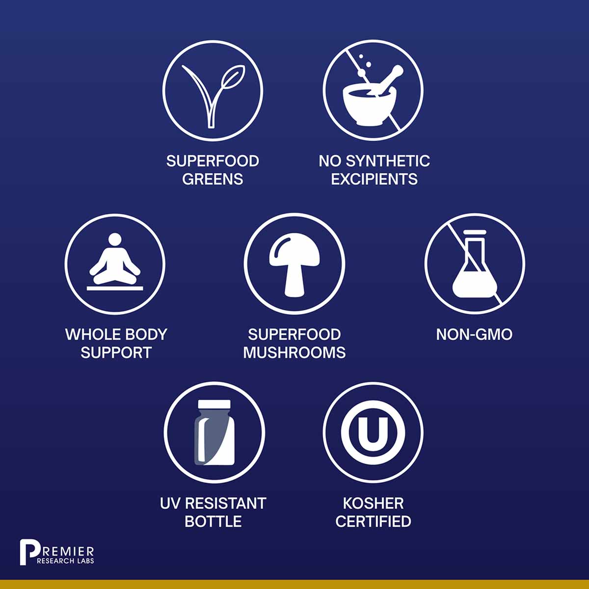 Seven white icons on dark blue background showing product features: superfood greens, no synthetic excipients, whole body sup