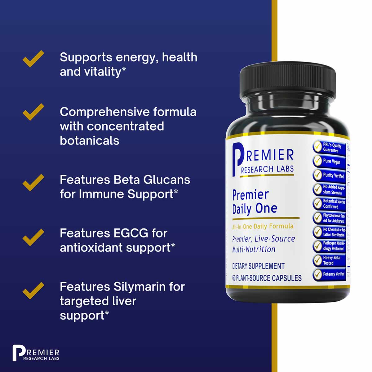 Black and white bottle of Premier Daily One dietary supplement capsules with gold label band and ingredient information on bl