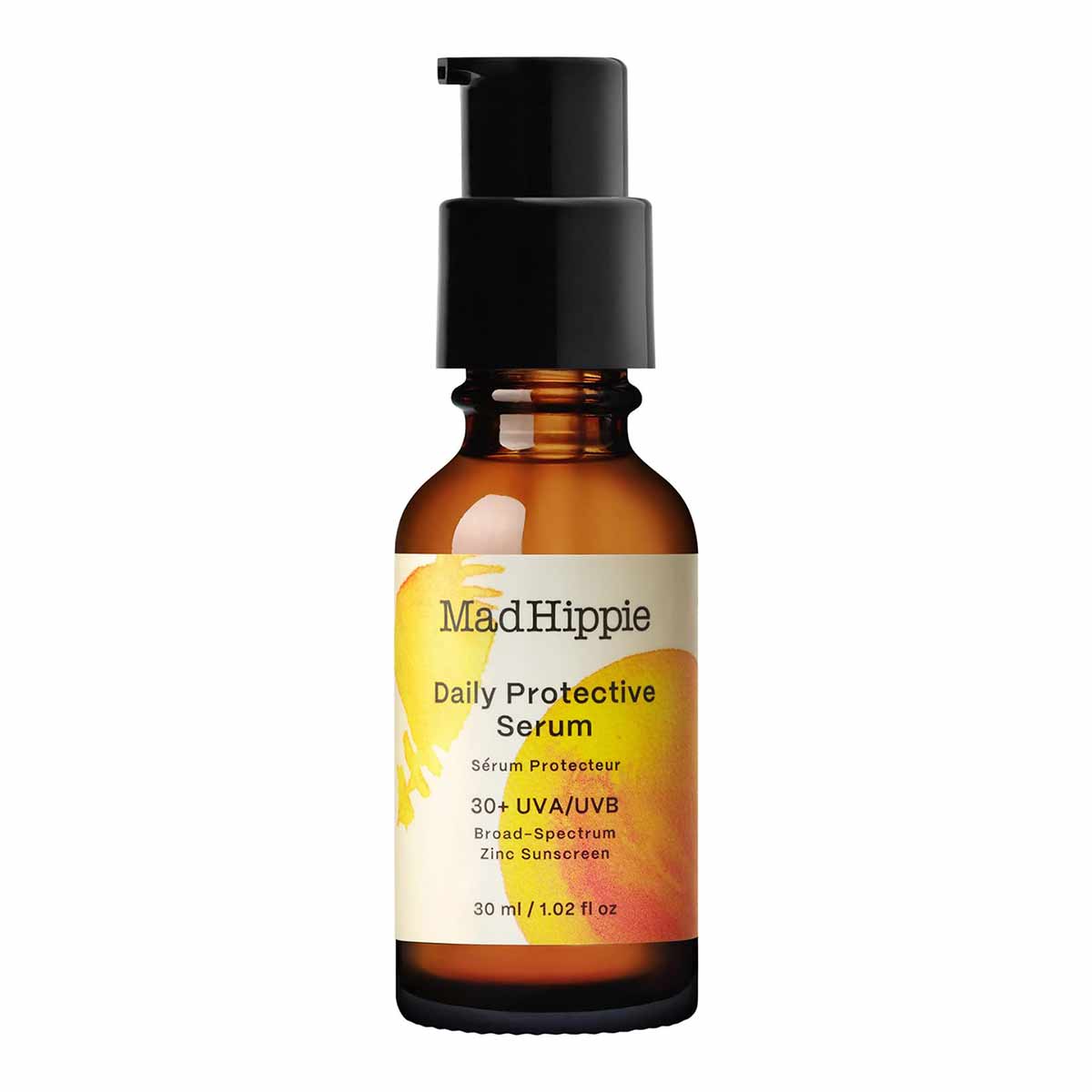 Mad Hippie Daily Protective Serum in amber glass bottle with black pump dispenser, 30ml size.