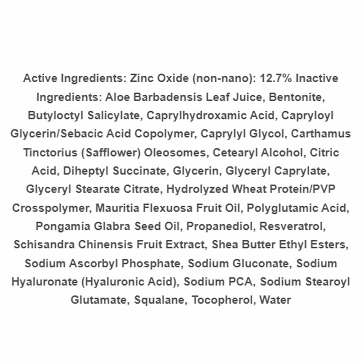 Ingredient list for Daily Protective Serum displaying active and inactive components including zinc oxide, aloe, safflower, a