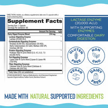 Dairy Digest Targeted Enzymes supplement label showing directions, Supplement Facts with enzyme blend details, and certificat
