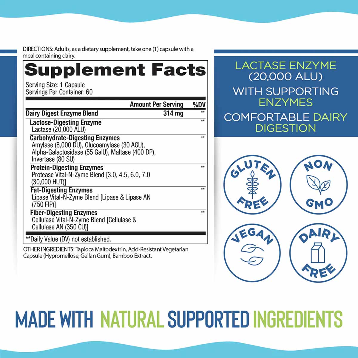 Dairy Digest Targeted Enzymes supplement label showing directions, Supplement Facts with enzyme blend details, and certificat