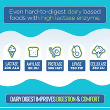 Infographic showing five enzyme types with icons: lactase, amylase, protease, lipase, and cellulase on turquoise background.