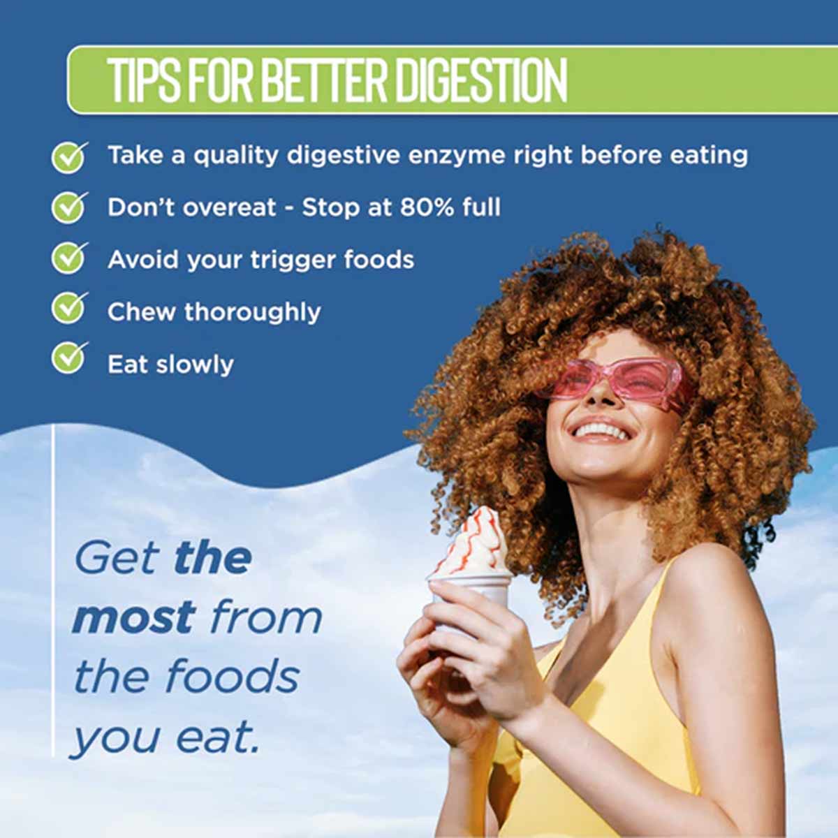 Woman wearing pink sunglasses and yellow top holding ice cream cone, with "Tips for Better Digestion" text above on blue back