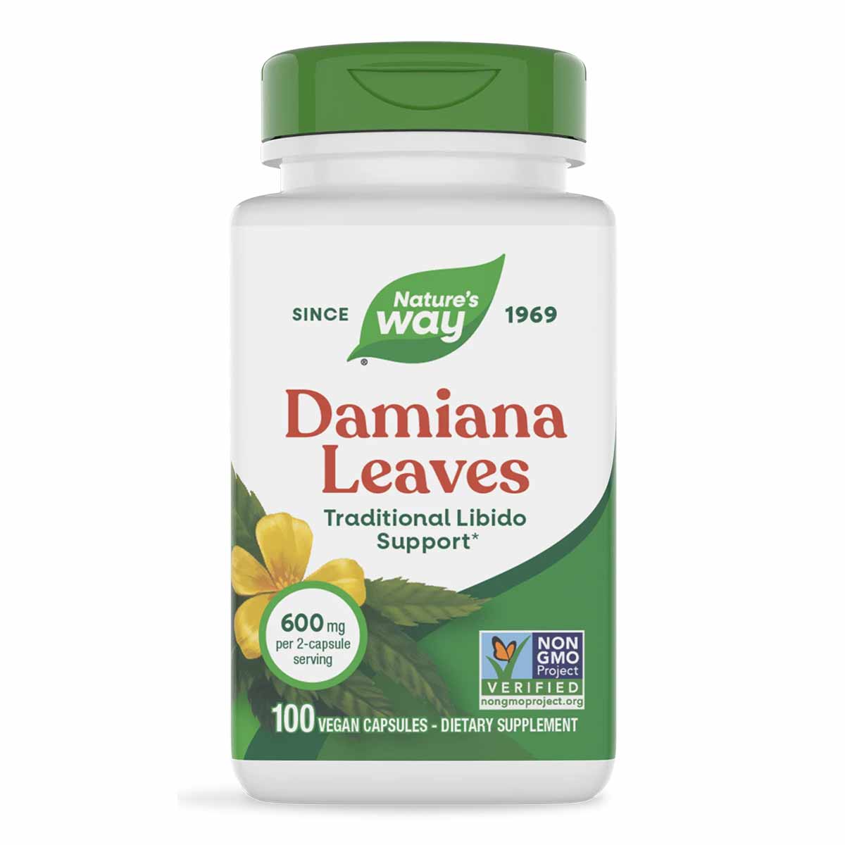 White bottle with green cap labeled "Damiana Leaves" by Nature's Way, 100 vegan capsules, 600mg per serving.