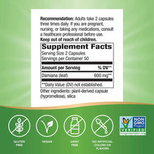 Damiana Leaves supplement label showing dosage recommendations, supplement facts with 600mg damiana leaf per serving, and cer