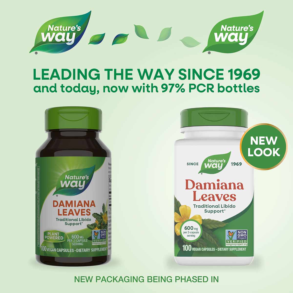 Two Nature's Way Damiana Leaves supplement bottles, one dark glass and one white plastic, each containing 100 vegan capsules 