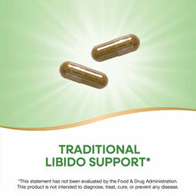 Two brown herbal supplement capsules on a green and white background with product text below.