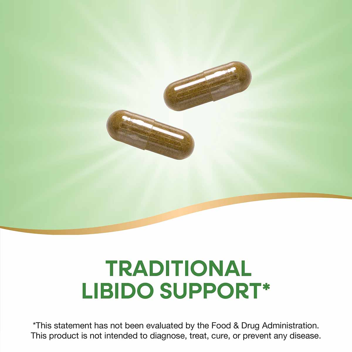 Two brown herbal supplement capsules on a green and white background with product text below.
