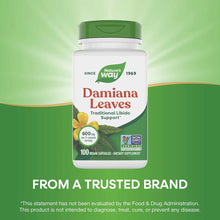 Nature's Way Damiana Leaves bottle with green cap containing 100 vegan capsules at 600mg per 2-capsule serving.