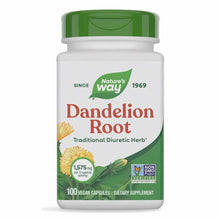 Nature's Way Dandelion Root supplement bottle with green cap and label showing yellow dandelion flowers, 100 vegan capsules.