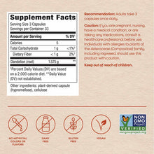 Supplement Facts label for Dandelion Root capsules showing serving size, nutritional information, and ingredient list with ce