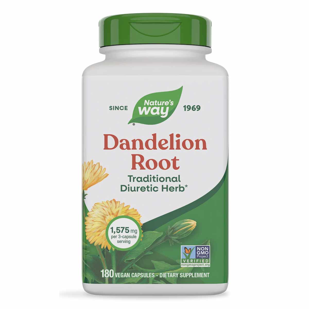 Nature's Way Dandelion Root supplement bottle with green cap, containing 180 vegan capsules at 1,575 mg per serving.