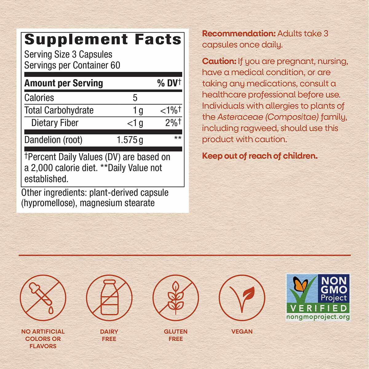 Supplement Facts label for Nature's Way Dandelion Root capsules with nutritional information and product certifications.