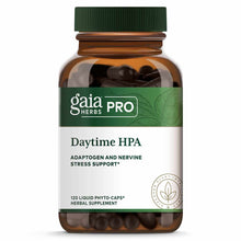 Gaia Herbs Pro Daytime HPA bottle with green cap containing 120 black liquid phyto-caps herbal supplement.