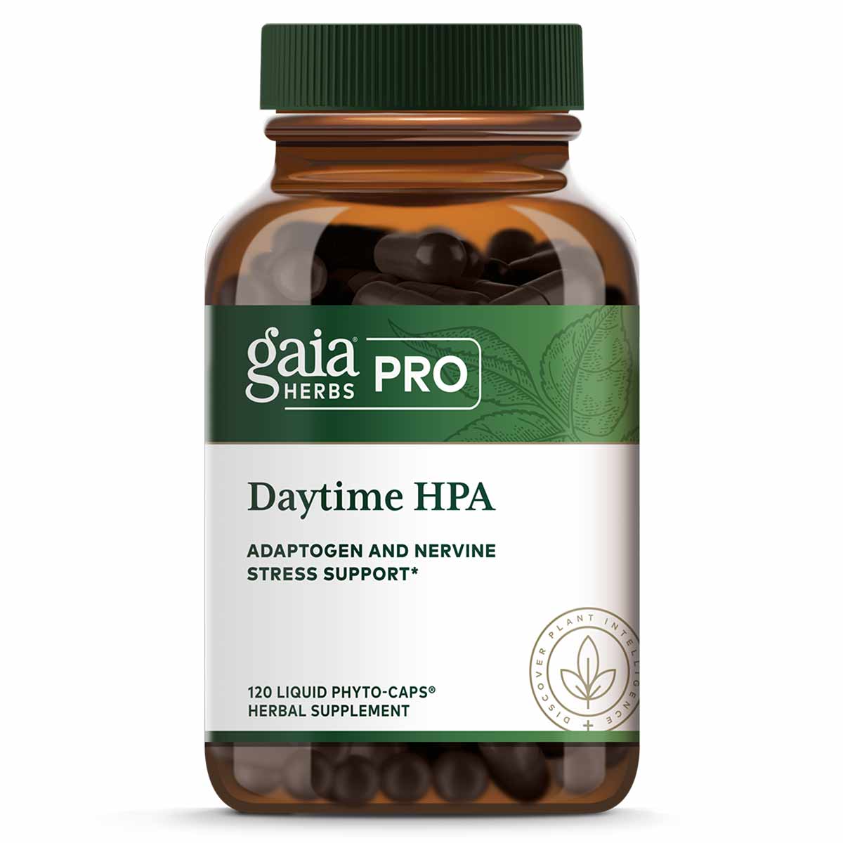 Gaia Herbs Pro Daytime HPA bottle with green cap containing 120 black liquid phyto-caps herbal supplement.