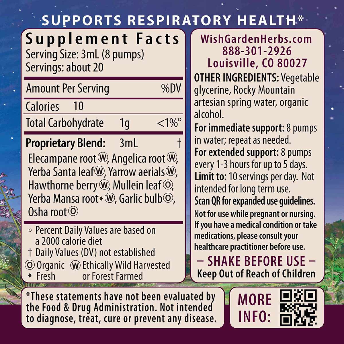 Wishgarden Herbs Deep Lung supplement bottle label showing supplement facts, ingredient list, and usage instructions on blue 