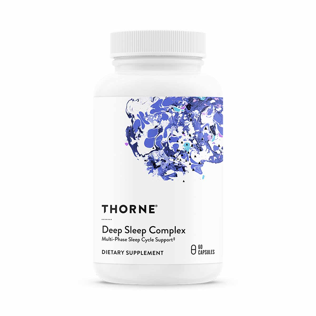 White bottle of Thorne Deep Sleep Complex dietary supplement with blue abstract design and white cap, 60 capsules.