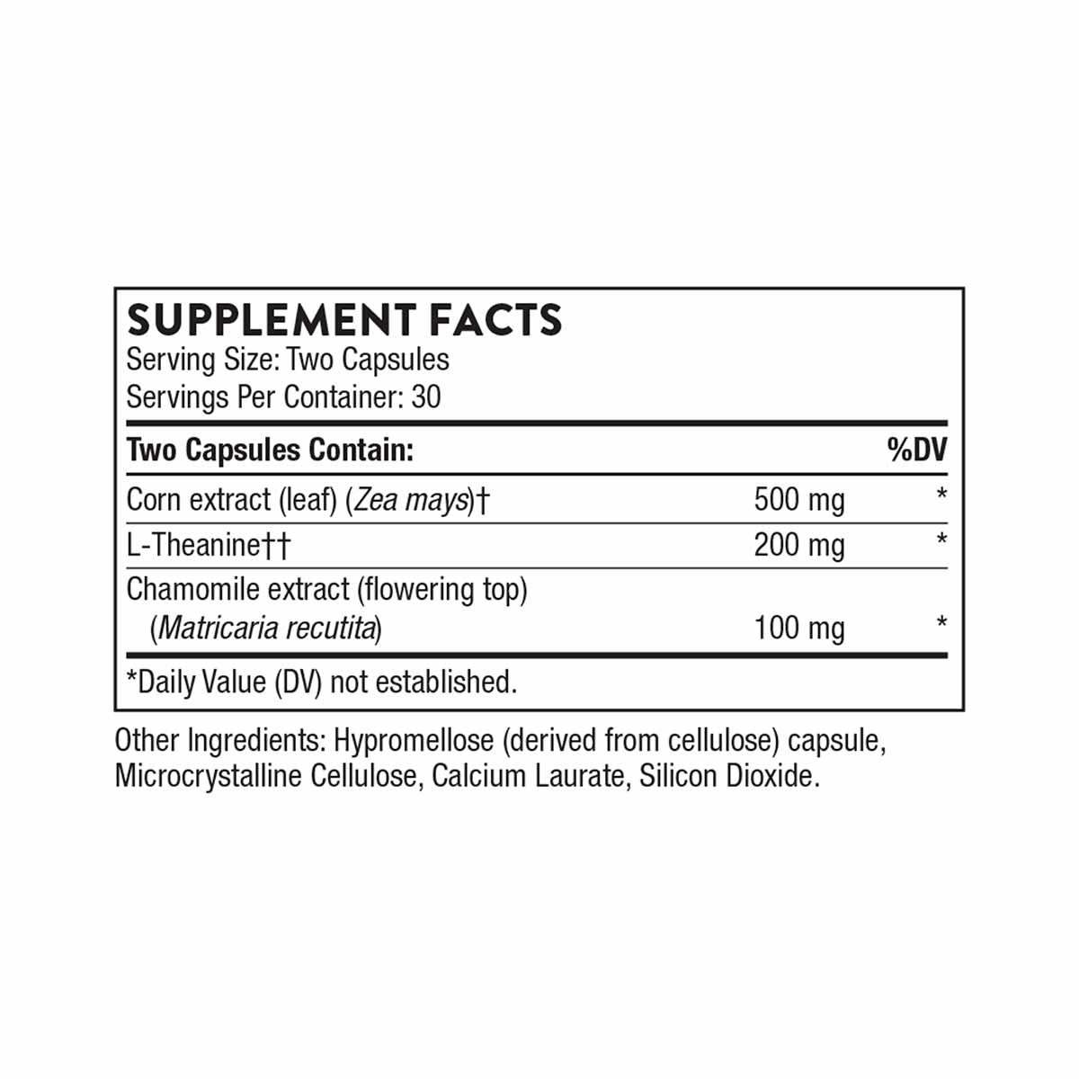 Supplement Facts label for Deep Sleep Complex showing serving size of two capsules with 30 servings per container and ingredi