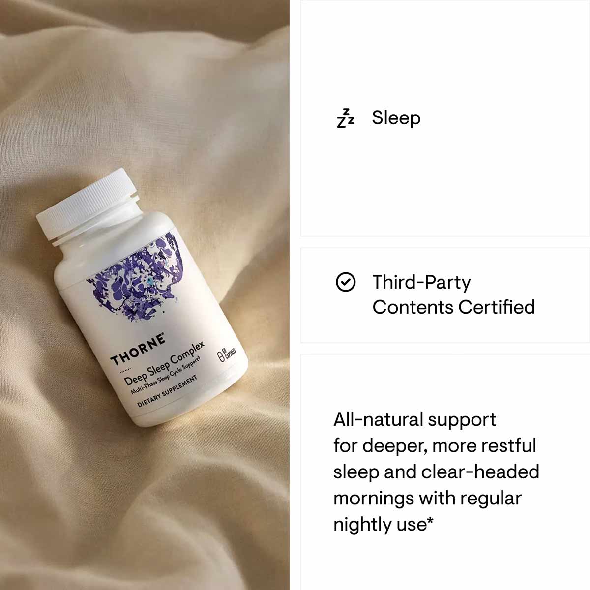 Thorne Deep Sleep Complex white supplement bottle with purple logo on beige fabric background.