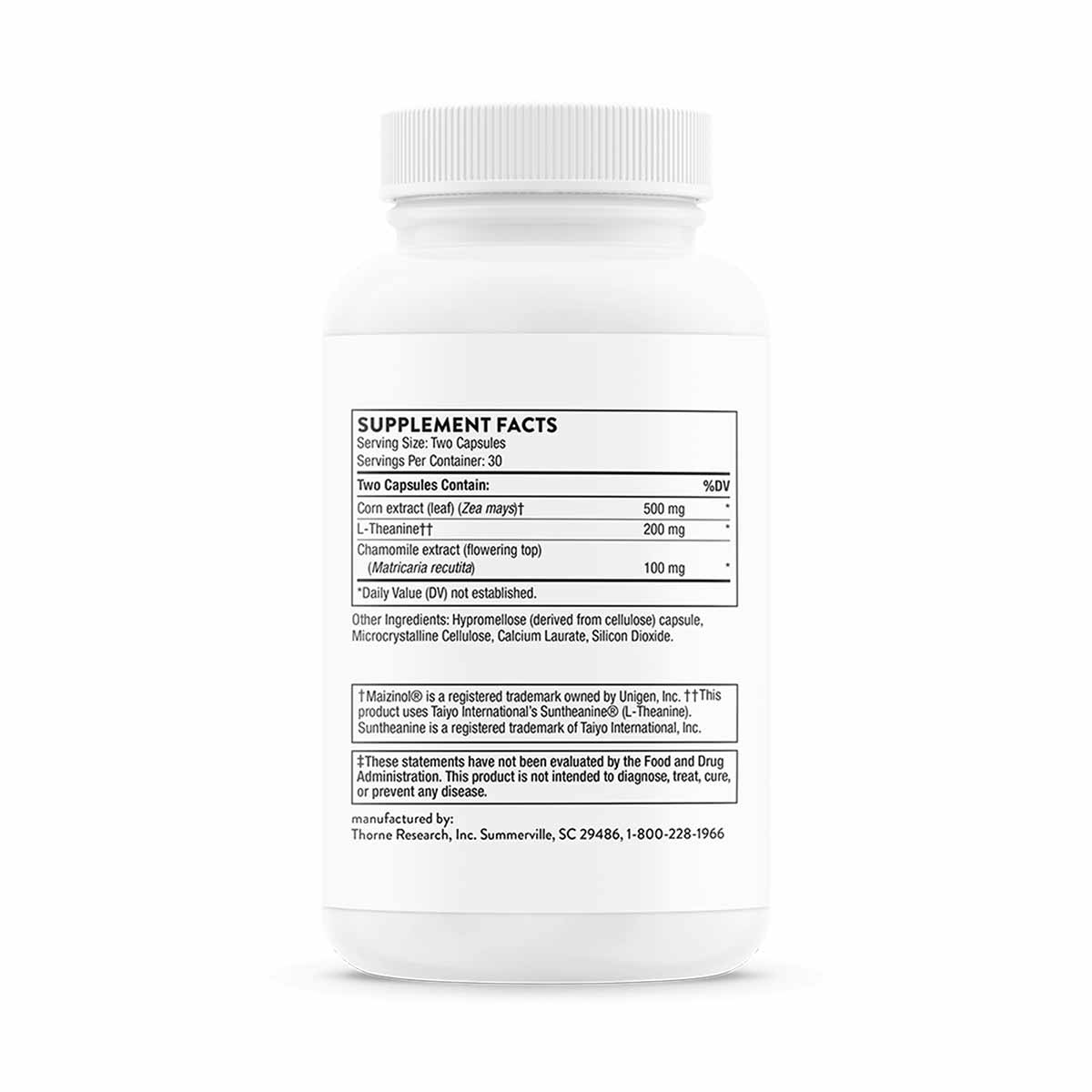 White capsule bottle with white ridged cap displaying supplement facts label for Deep Sleep Complex by Thorne Research.