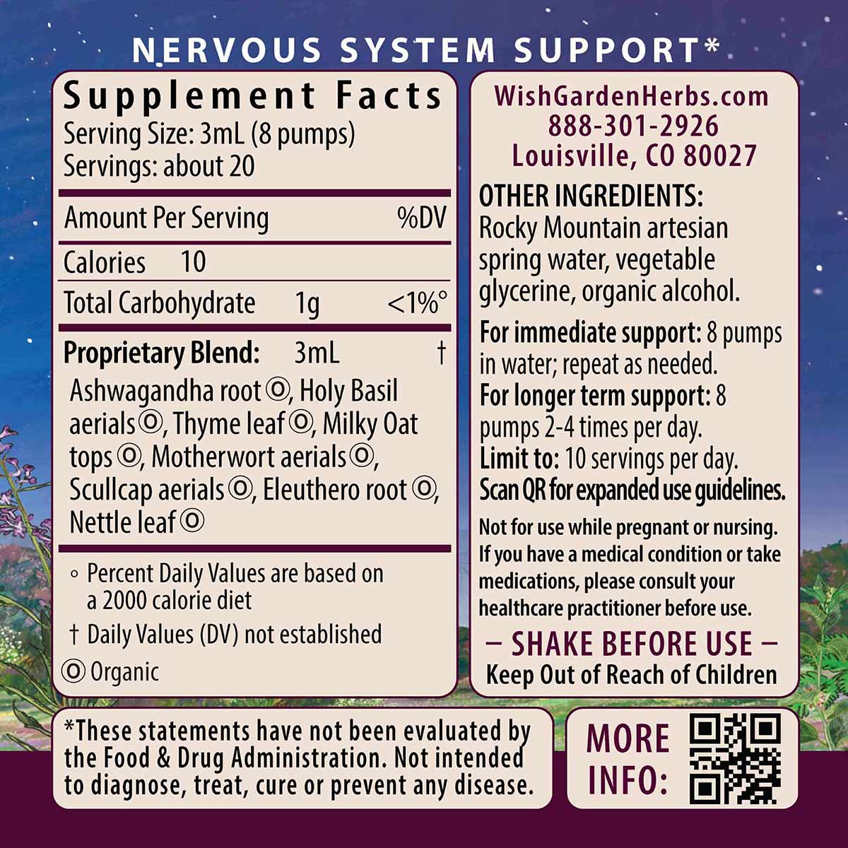 Back label of Deep Stress herbal supplement bottle showing ingredient list, usage instructions, and supplement facts on purpl