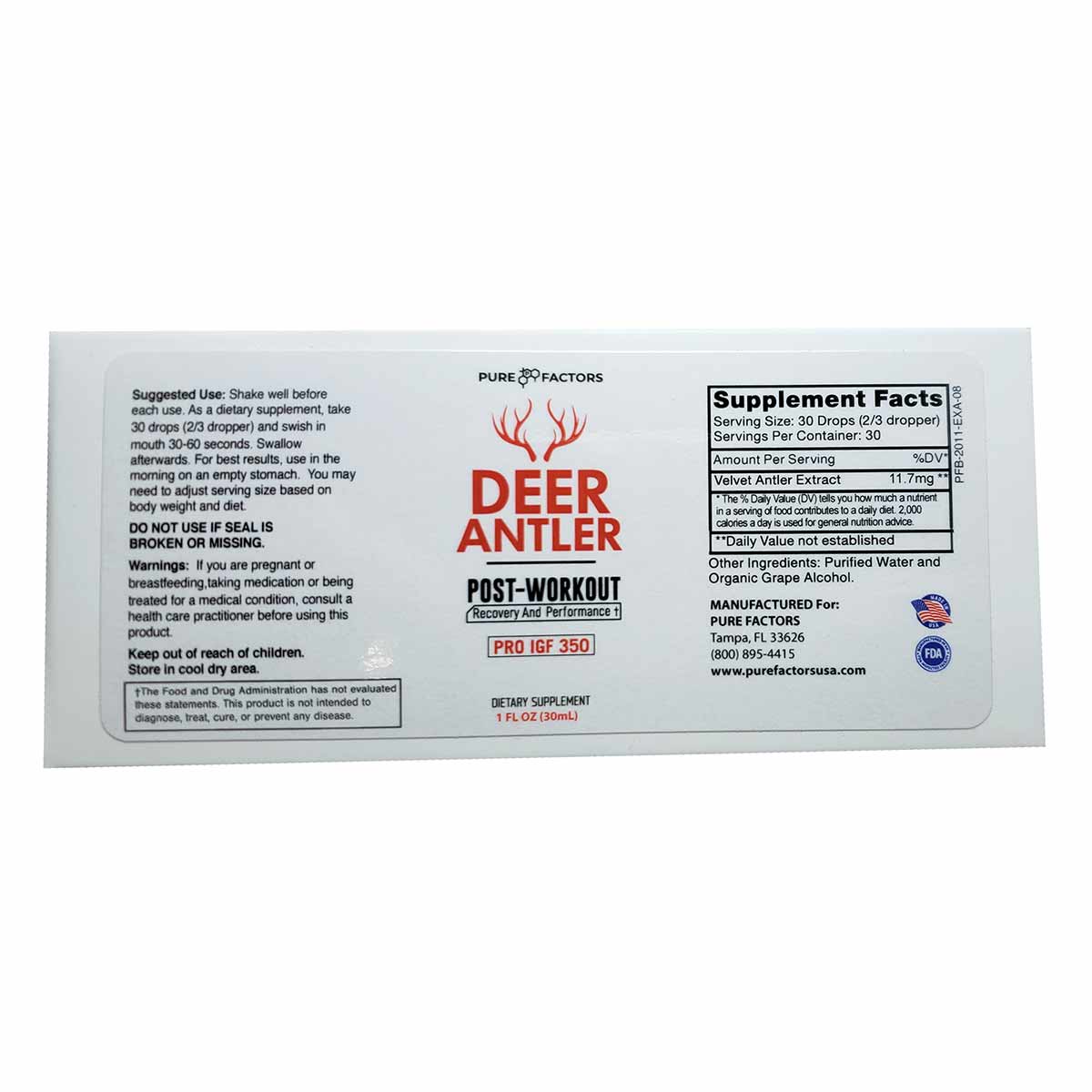 White label for Deer Antler Pro IGF 350 by Pure Factors dietary supplement, 1 fl oz bottle with red antler logo and supplemen