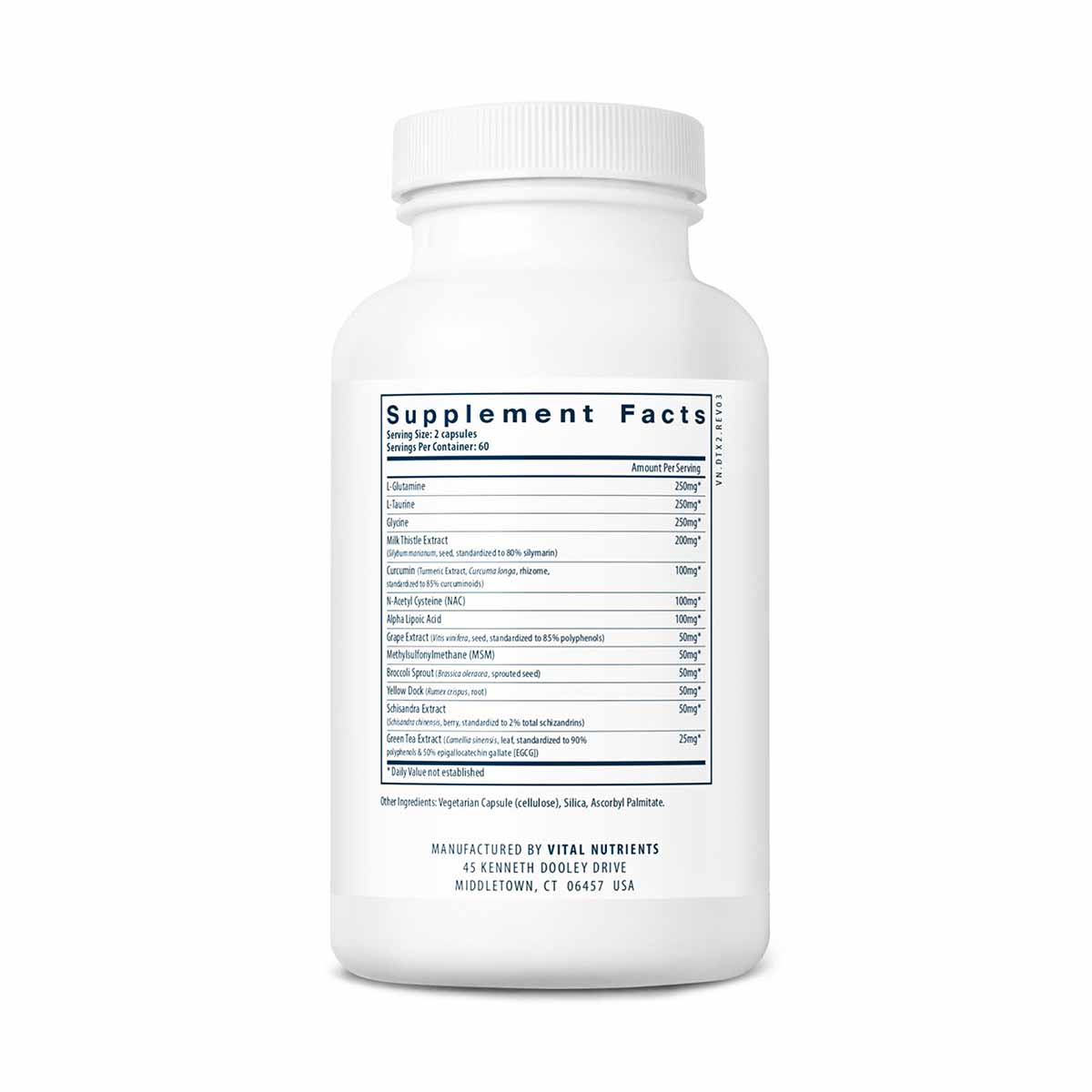 White supplement bottle with white cap and label showing Supplement Facts for Detox Formula by Vital Nutrients.