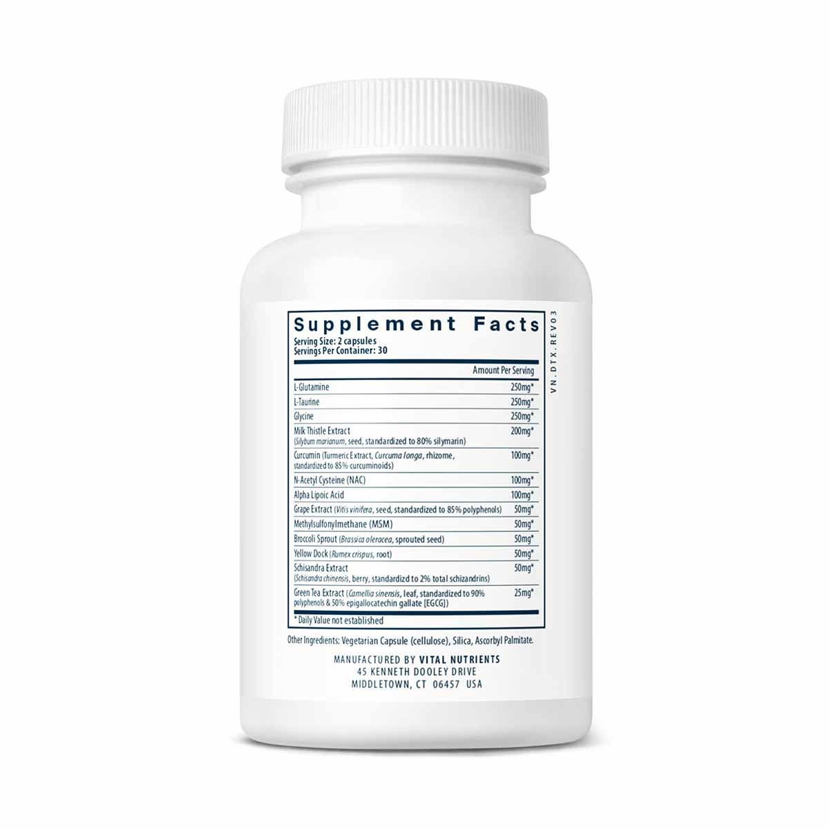 White supplement bottle with white cap displaying Supplement Facts label listing ingredients including glutathione, l-taurine