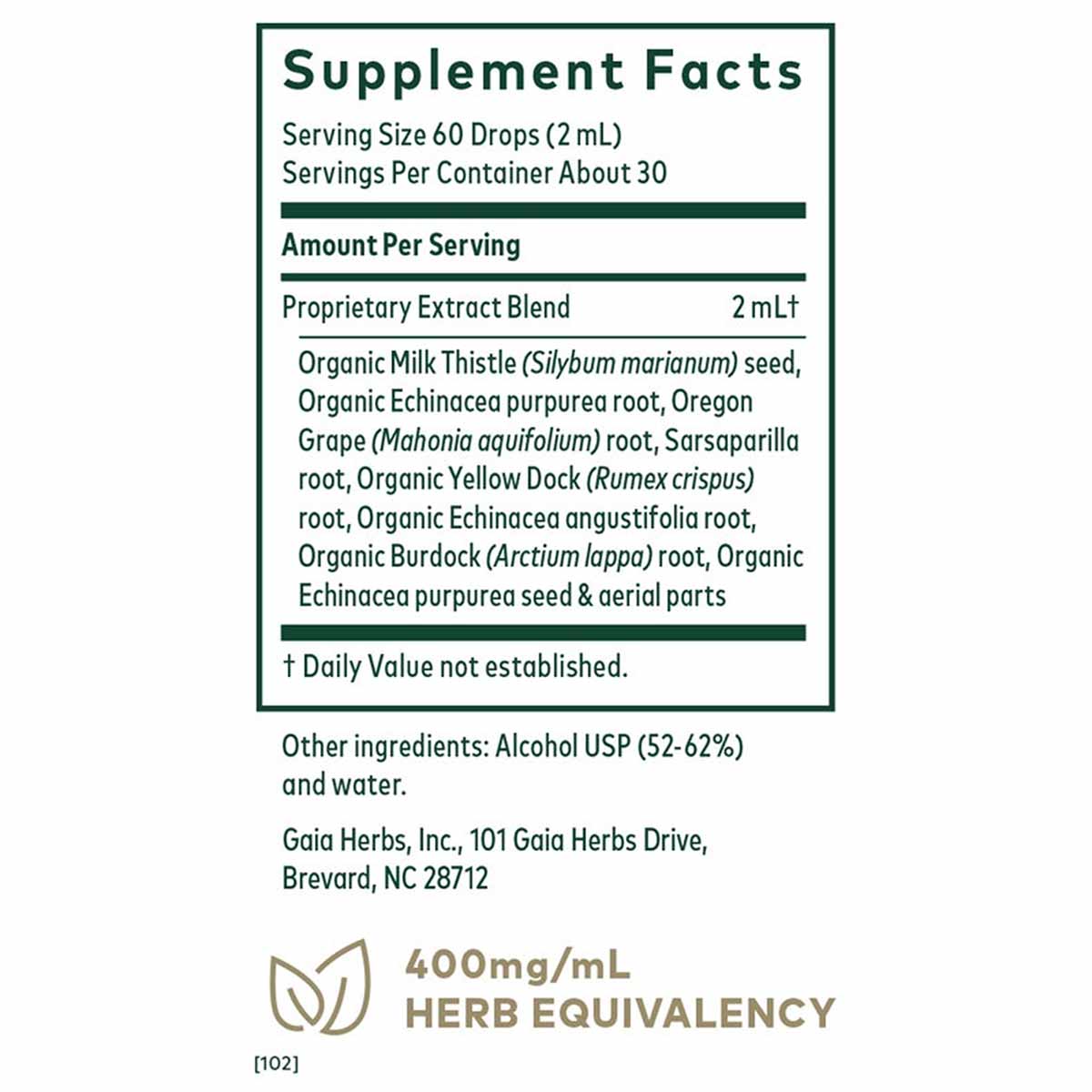 Supplement Facts label for Gaia Herbs Pro Detoxification Formula listing ingredients and serving information.