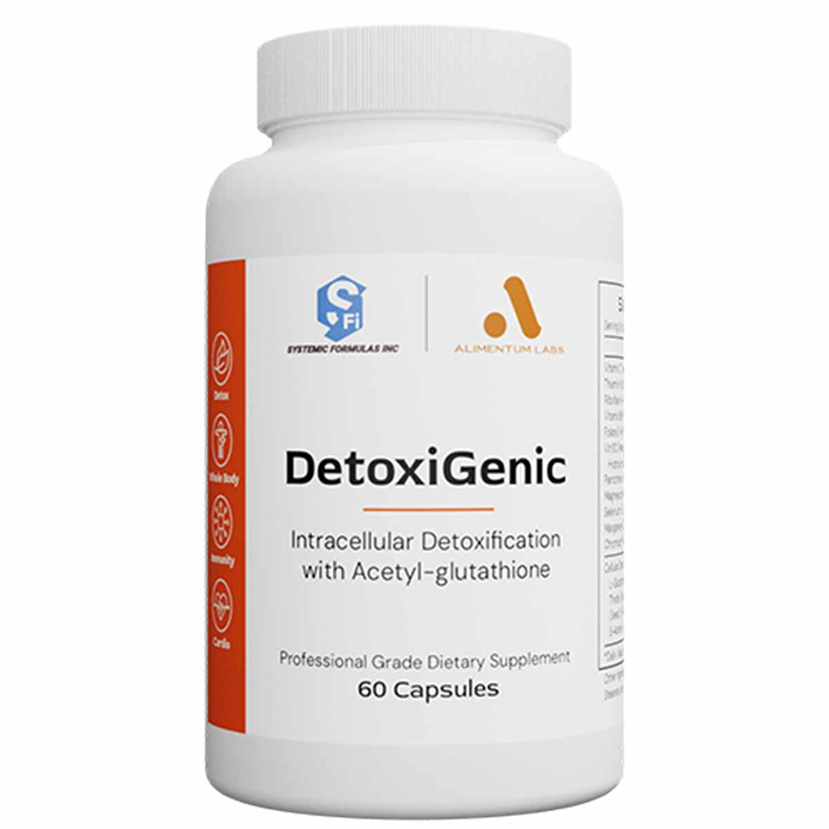 White bottle of DetoxiGenic dietary supplement with orange stripe and blue logos, labeled 60 capsules.