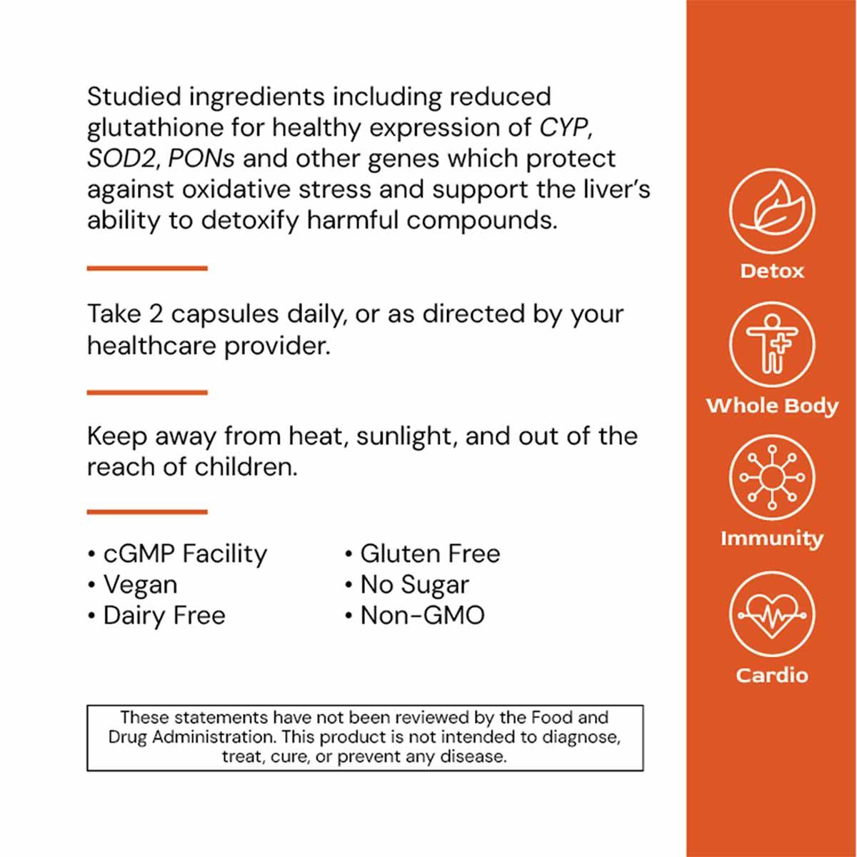 DetoxiGenic bottle label showing product information, ingredients list, dosage instructions, and orange sidebar with Detox, W