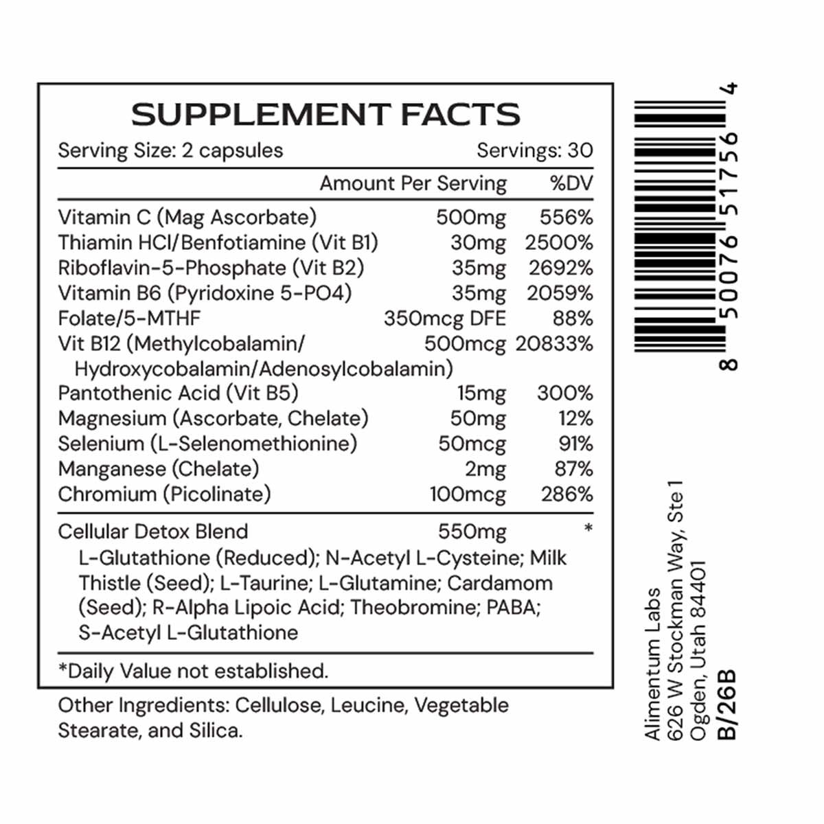 Supplement Facts label showing nutritional information for DetoxiGenic capsules by Alimentum Labs with vitamins, minerals, an