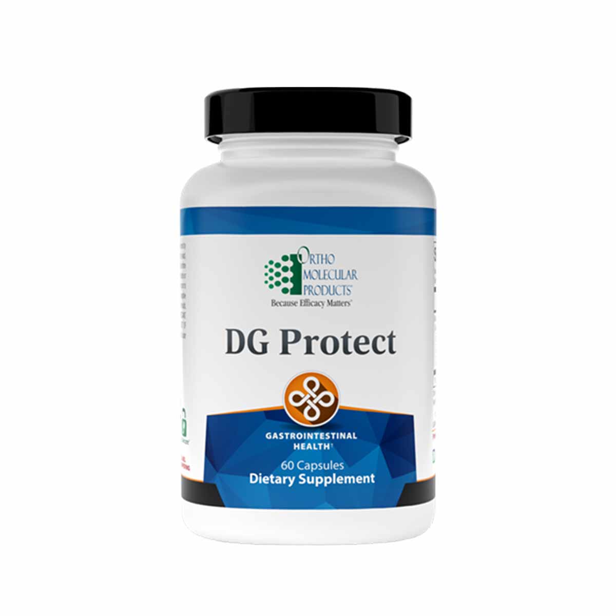 DG Protect dietary supplement bottle by Ortho Molecular Products containing 60 capsules for gastrointestinal health.