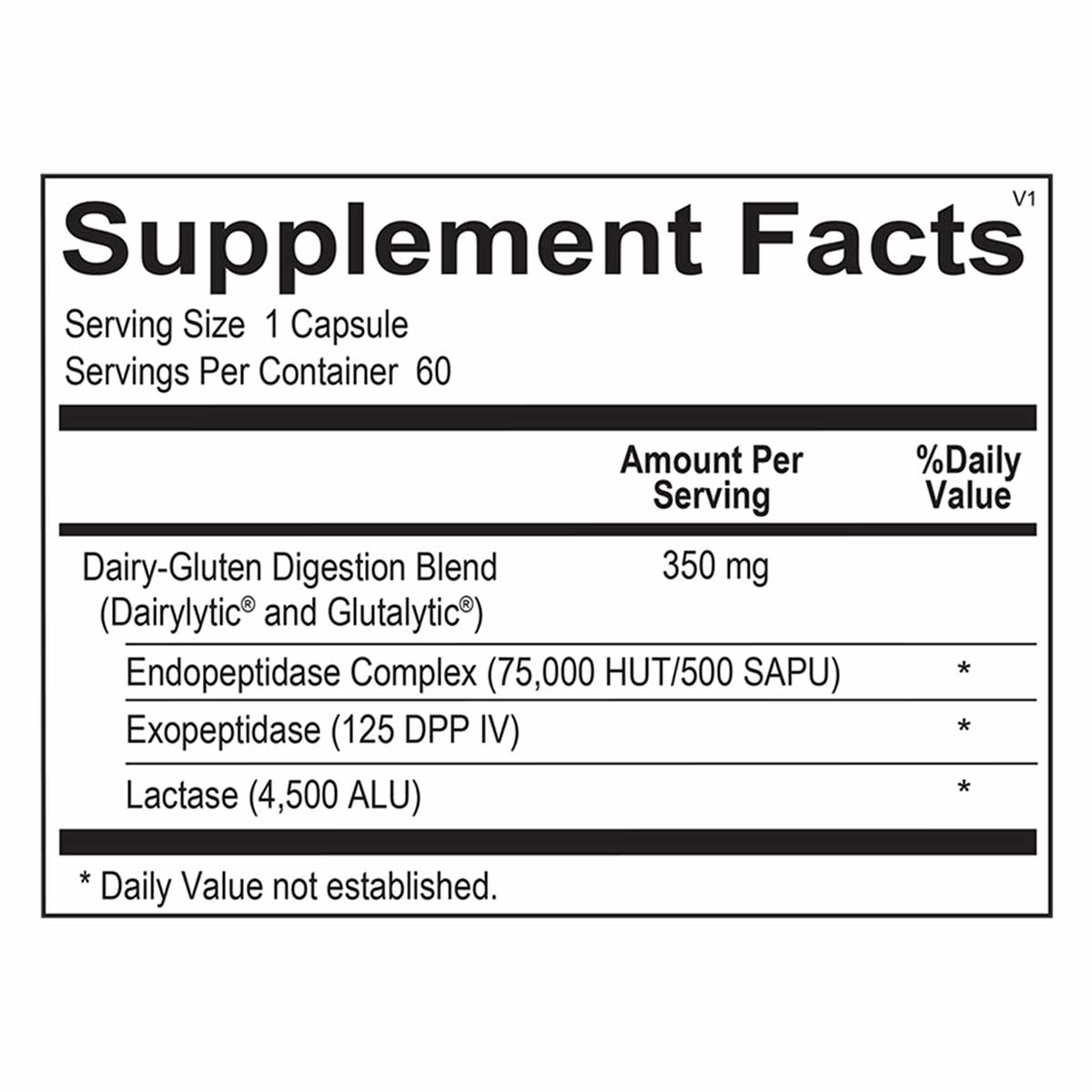 Supplement Facts label showing 60 capsules per container with Dairy-Gluten Digestion Blend containing enzymes and lactase.